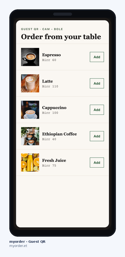 myorder guest QR ordering screen on a phone