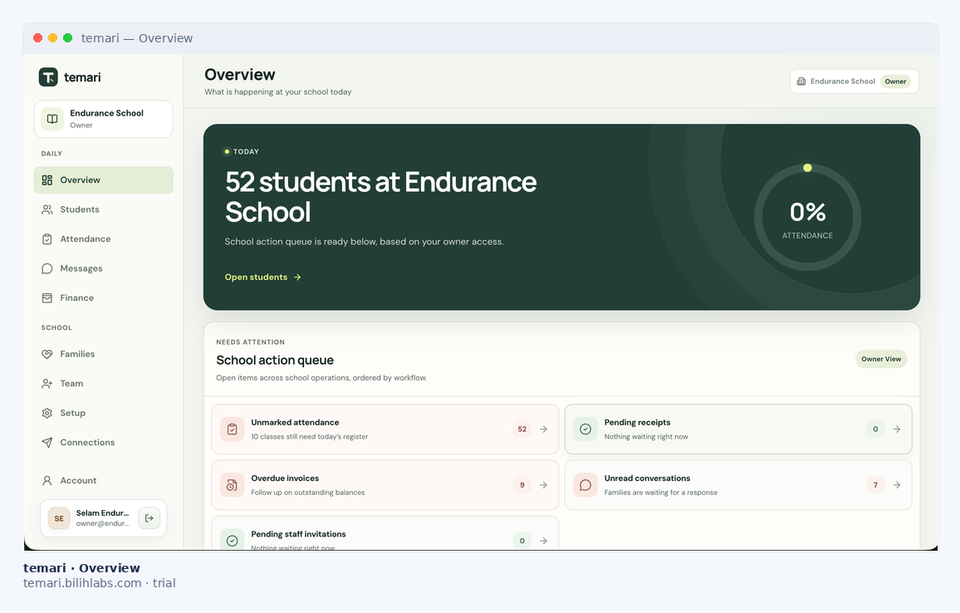 temari school operations dashboard shown in a browser